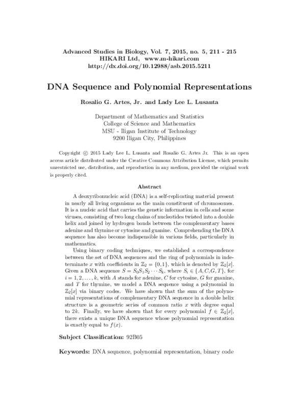 (PDF) DNA sequence and polynomial representations