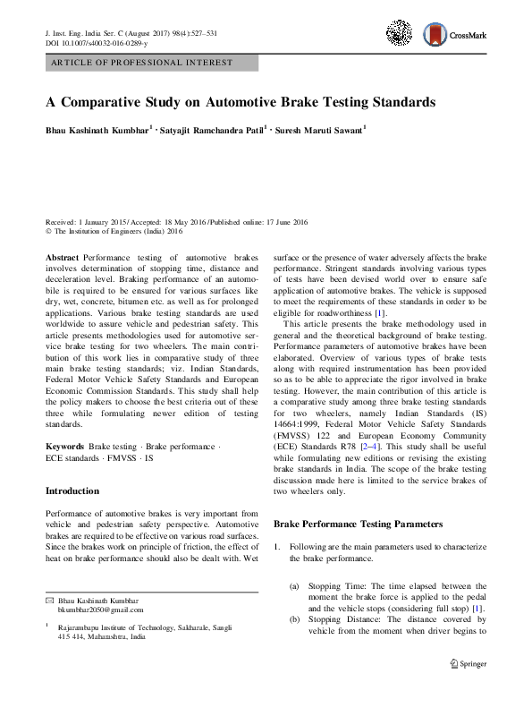 (PDF) A Comparative Study on Automotive Brake Testing Standards bhau