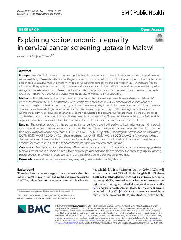 (PDF) Explaining socioeconomic inequality in cervical cancer screening ...