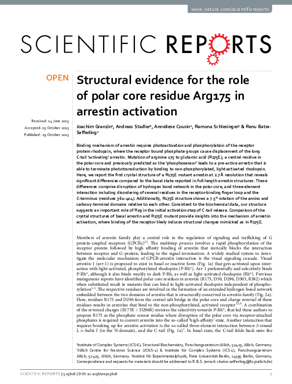 (PDF) Structural evidence for the role of polar core residue Arg175 in ...