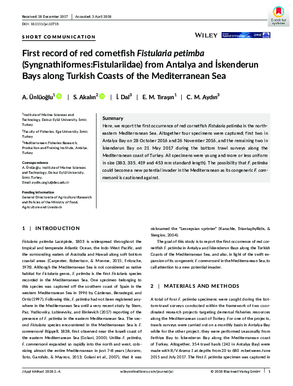 (PDF) First record of the red cornetfish Fistularia petimba ...