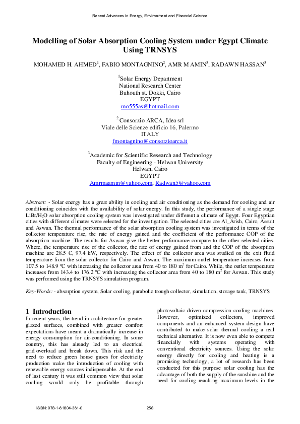 (PDF) Modelling of Solar Absorption Cooling System under Egypt Climate ...