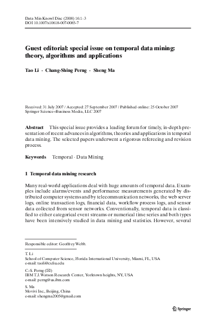(PDF) Guest editorial: special issue on temporal data mining: theory ...