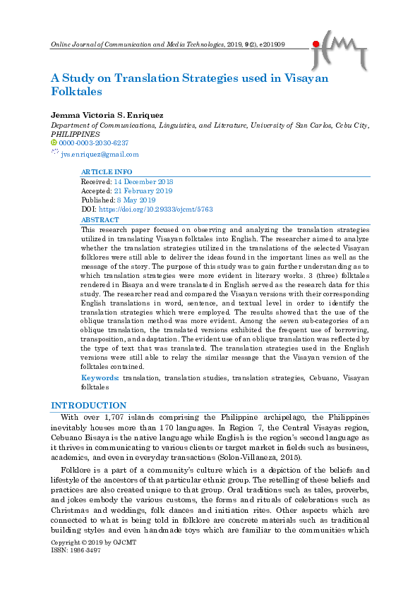 (PDF) A Study on Translation Strategies used in Visayan Folktales