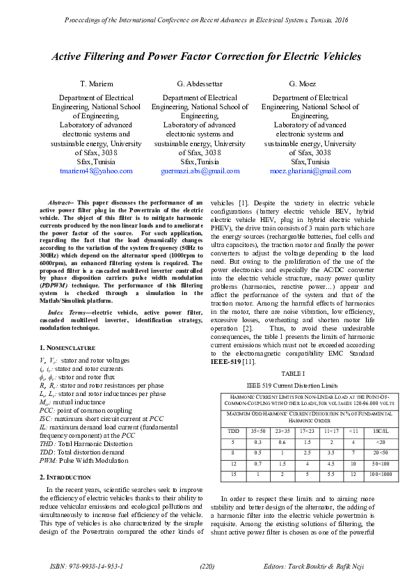 (PDF) Active Filtering and Power Factor Correction for Electric Vehicles