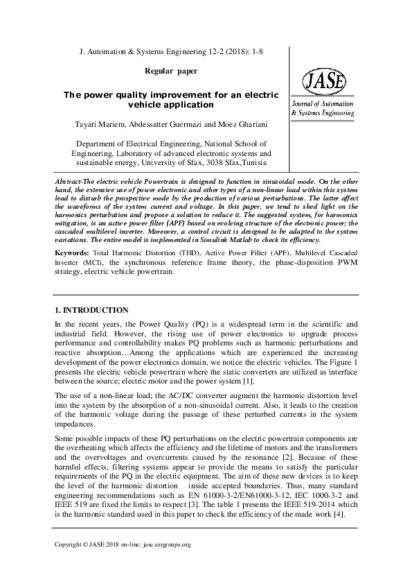 (PDF) The power quality improvement for an electric vehicle application