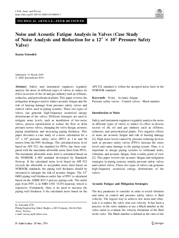 (PDF) Noise and Acoustic Fatigue Analysis in Valves (Case Study of ...