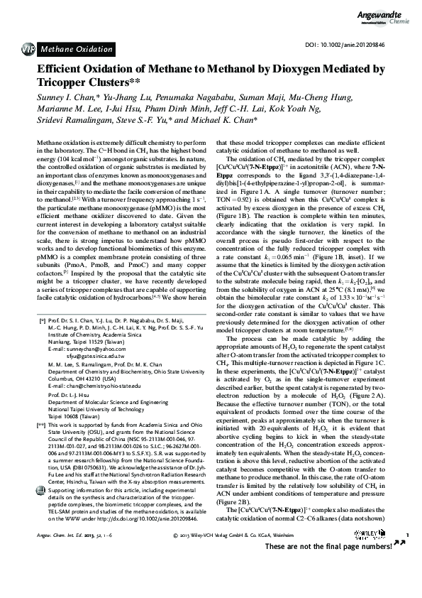 (PDF) Efficient Oxidation of Methane to Methanol by Dioxygen Mediated ...