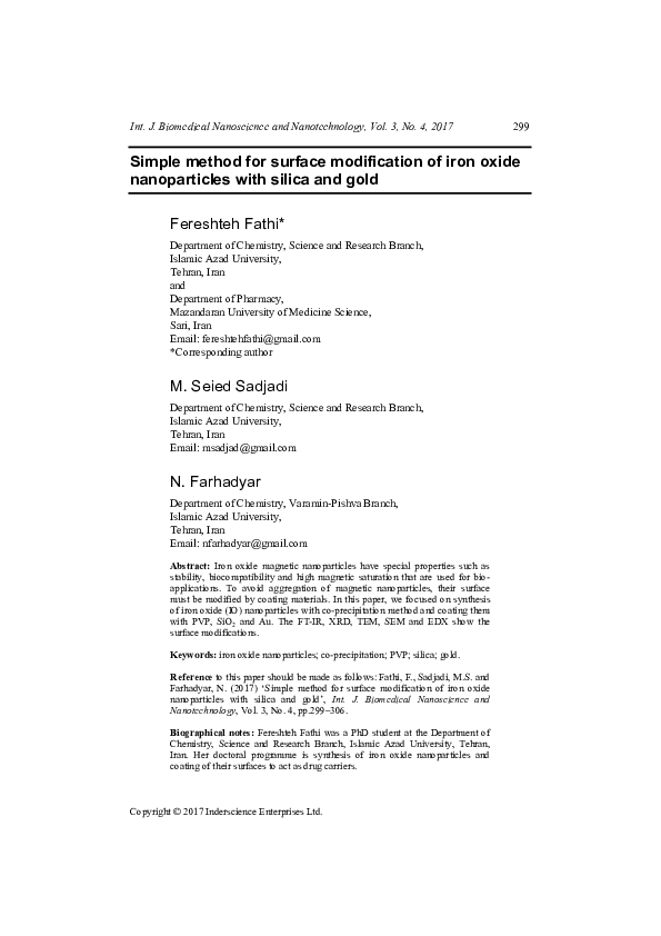 (PDF) Simple method for surface modification of iron oxide ...