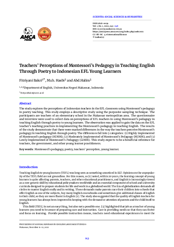 (PDF) Teachers’ Perceptions of Montessori’s Pedagogy in Teaching ...