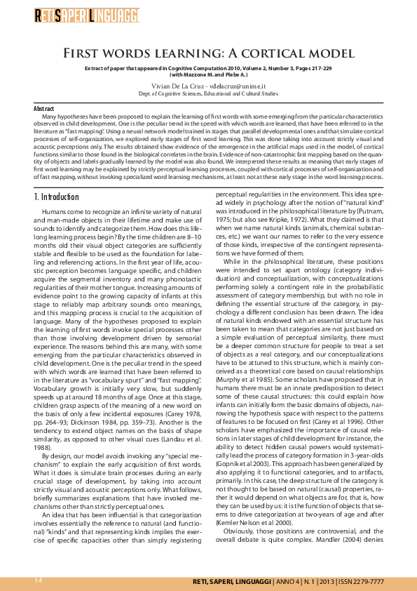 (PDF) First Words Learning: A Cortical Model