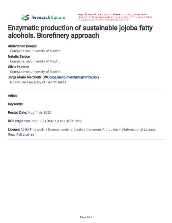 (PDF) Enzymatic production of sustainable jojoba fatty alcohols