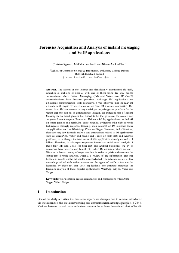 (PDF) Forensics Acquisition and Analysis of Instant Messaging and VoIP ...