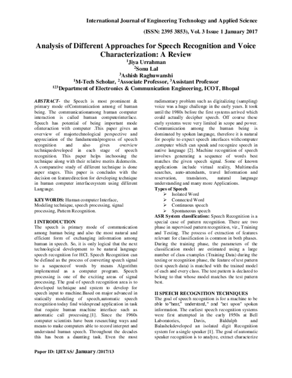 (PDF) Analysis of Different Approaches for Speech Recognition and Voice ...