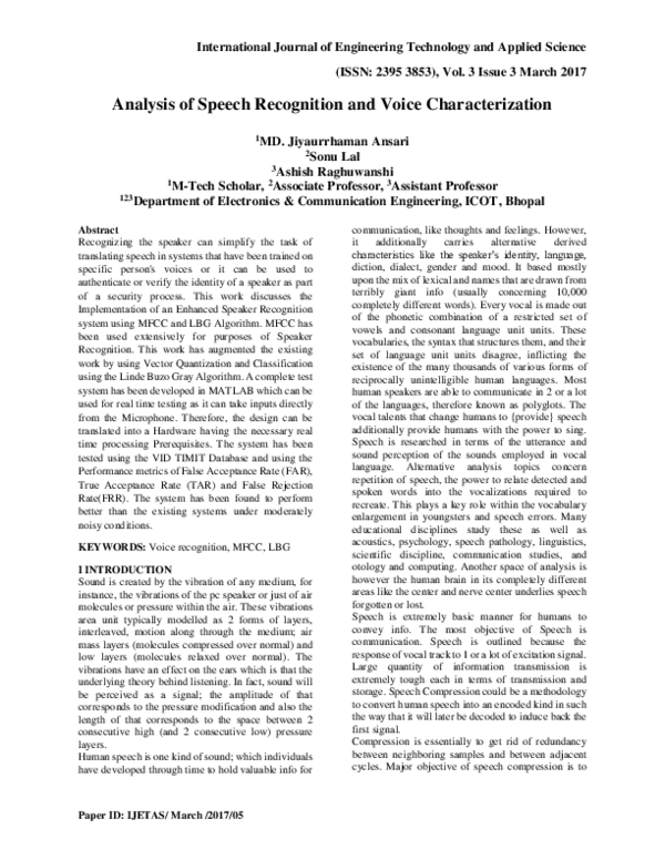 (PDF) Analysis of Speech Recognition and Voice Characterization