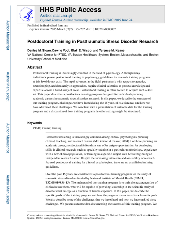 (PDF) Postdoctoral training in posttraumatic stress disorder research
