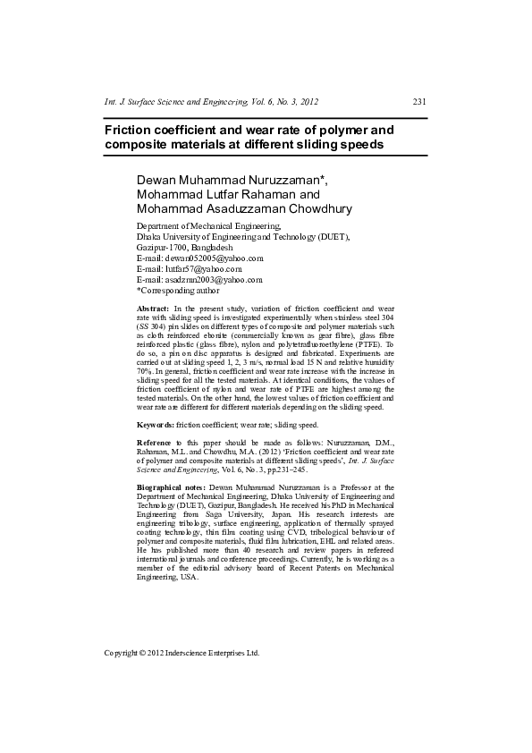 (PDF) Friction coefficient and wear rate of polymer and composite ...