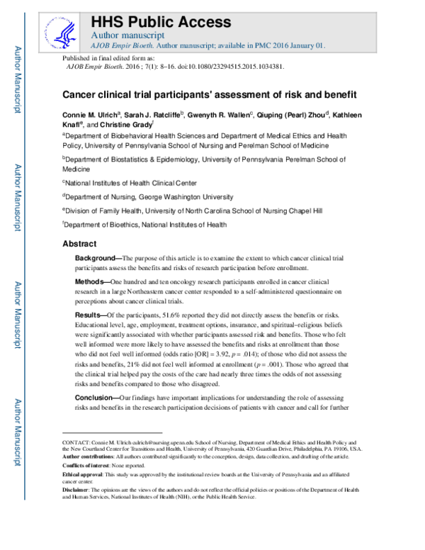 (PDF) Cancer clinical trial participants' assessment of risk and benefit