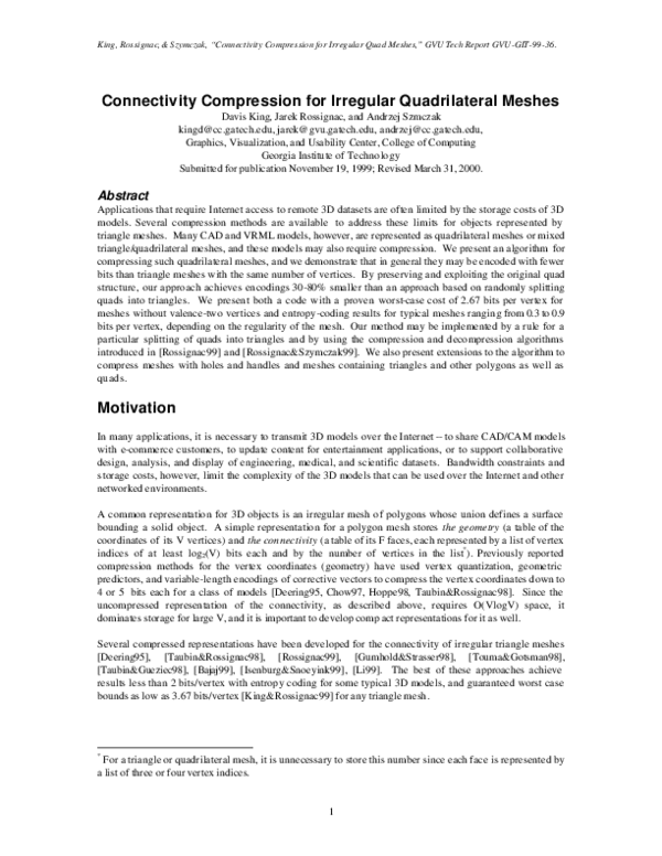 (PDF) Connectivity compression for irregular quadrilateral meshes