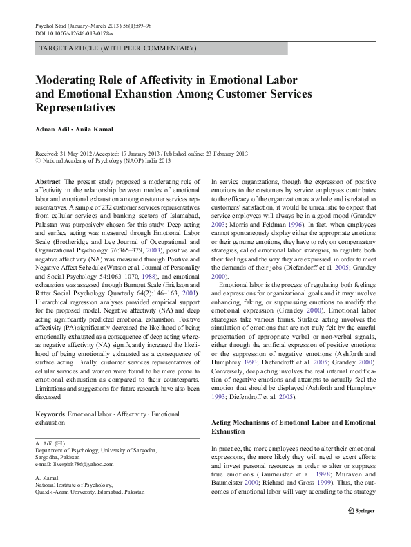 (PDF) Moderating Role of Affectivity in Emotional Labor and Emotional ...