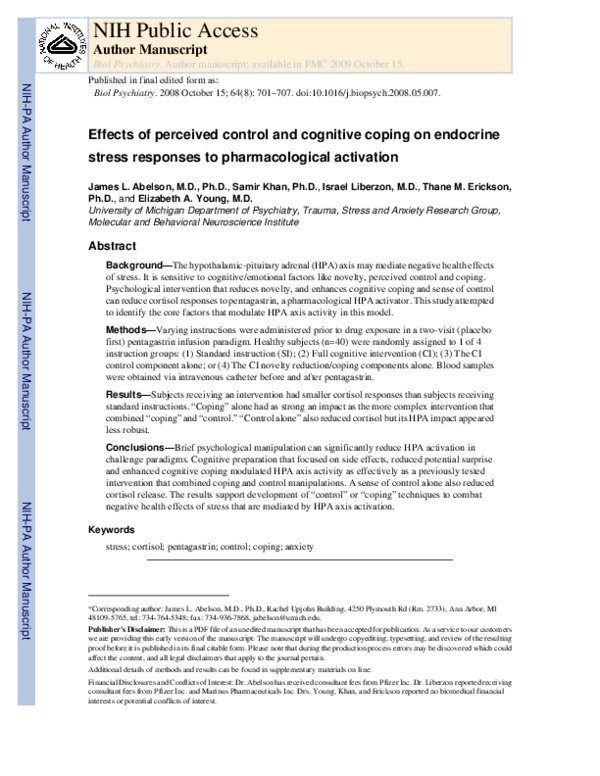 (PDF) Effects of Perceived Control and Cognitive Coping on Endocrine ...