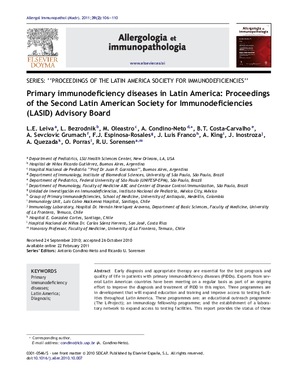 (PDF) Primary immunodeficiency diseases in Latin America: Proceedings ...