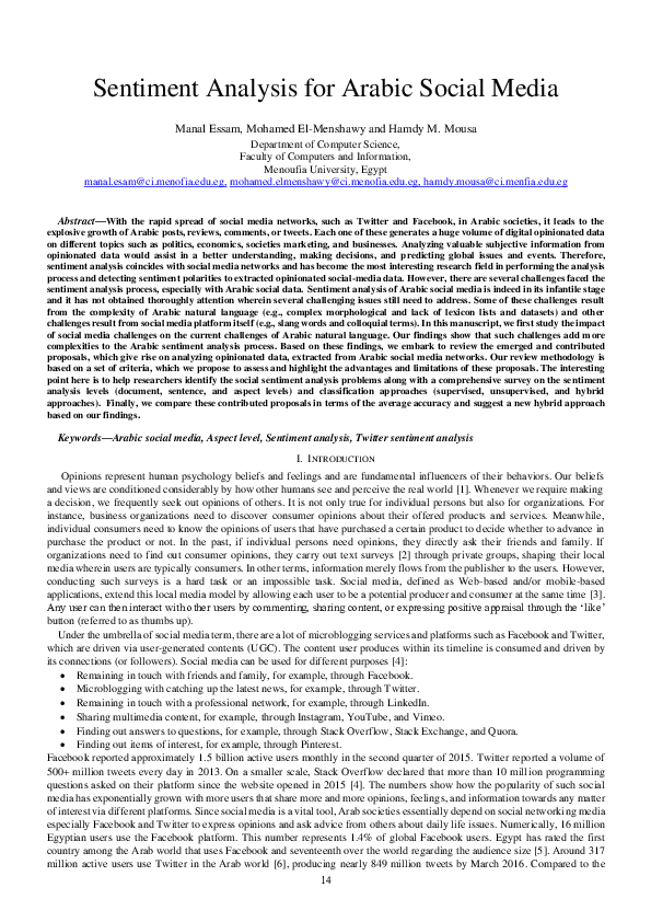 (PDF) Sentiment Analysis for Arabic Social Media