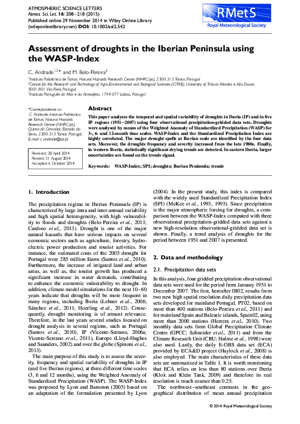 (PDF) Assessment of droughts in the Iberian Peninsula using the WASP-Index