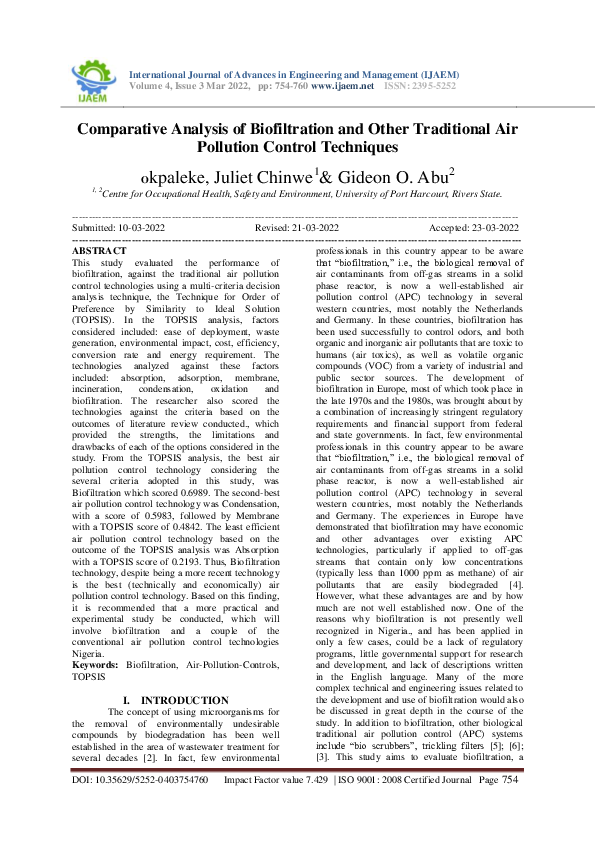 (PDF) Comparative Analysis of Biofiltration and Other Traditional Air Pollution Control