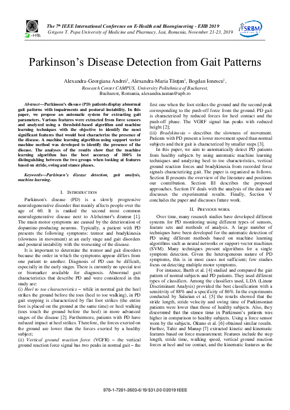 (PDF) Parkinson’s Disease Detection from Gait Patterns | Alexandra ...