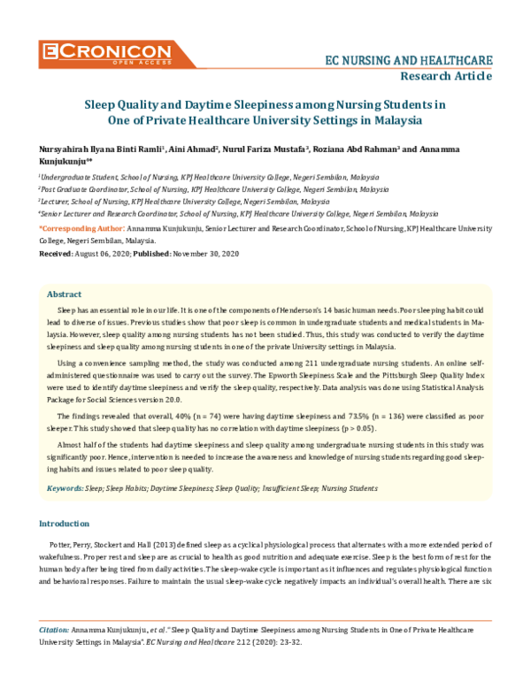 (PDF) Sleep Quality and Daytime Sleepiness among Nursing Students inOne ...