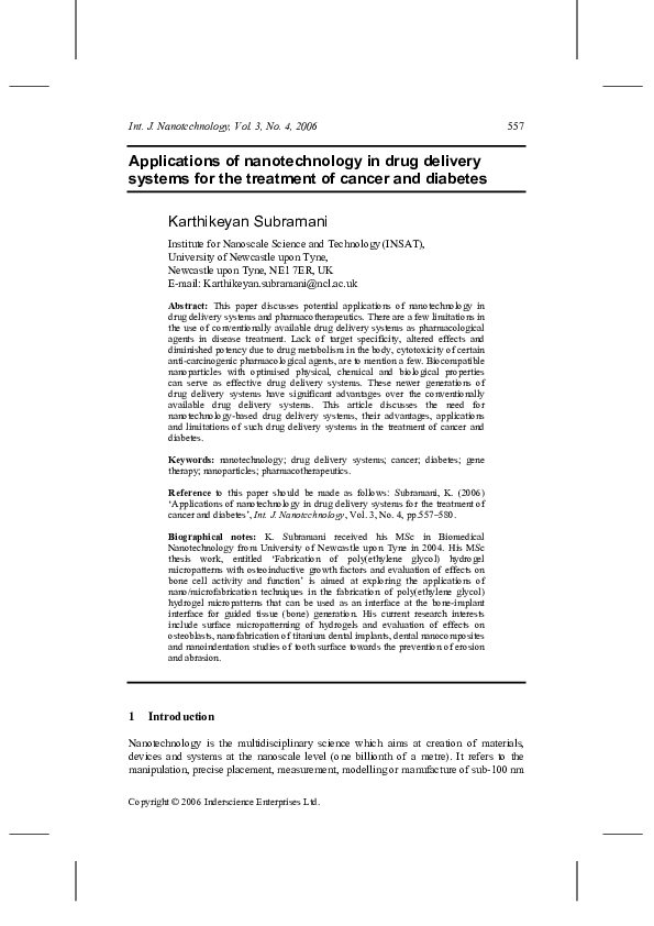 (PDF) Applications of nanotechnology in drug delivery systems for the ...