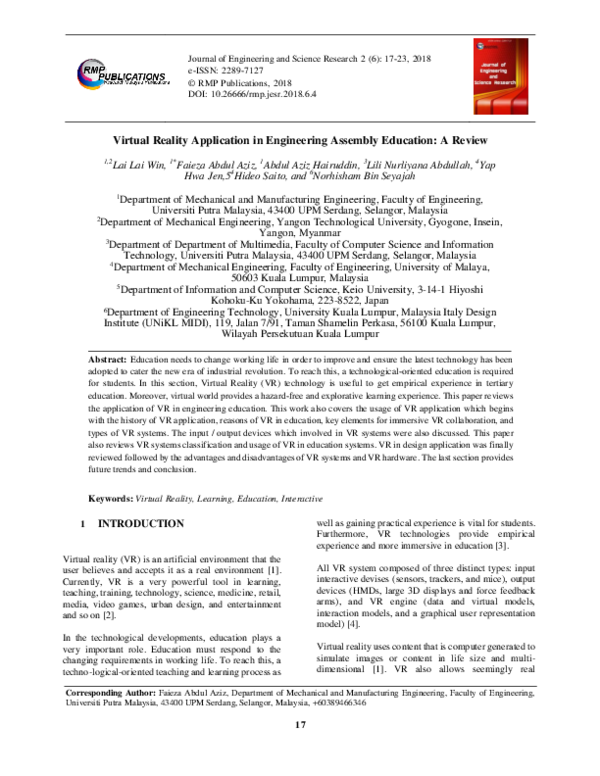 (PDF) Virtual Reality Application in Engineering Assembly Education A