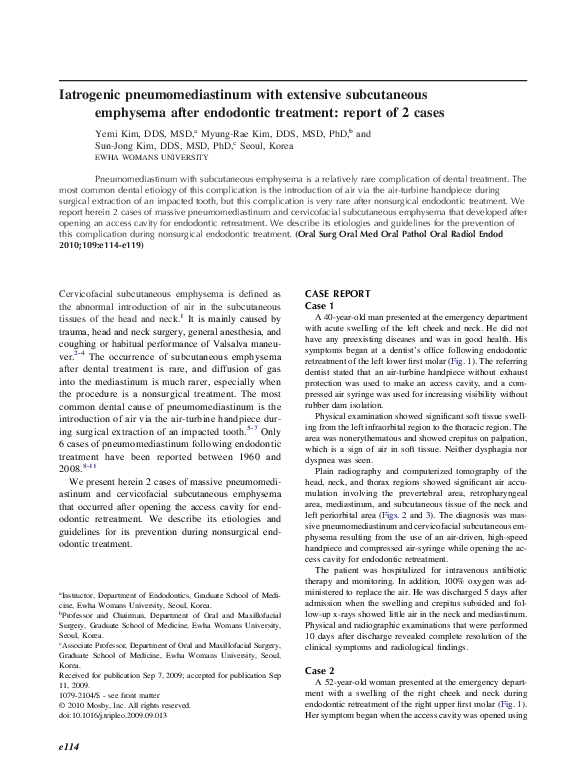 (PDF) Subcutaneous emphysema and pneumomediastinum after dental