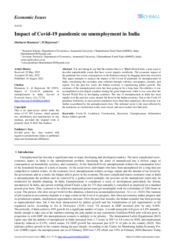 (PDF) Impact of Covid-19 pandemic on unemployment in India