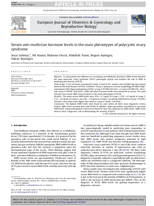 (PDF) Serum anti-mullerian hormone levels in the main phenotypes of ...