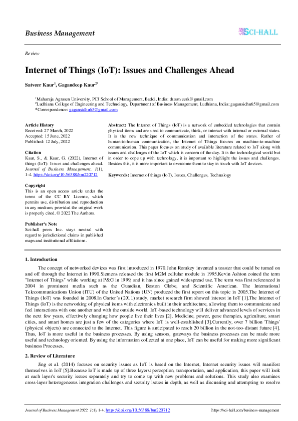 (PDF) Internet of Things (IoT): Issues and Challenges Ahead
