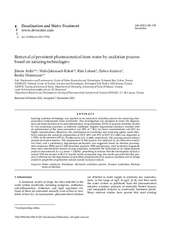 (PDF) Removal of persistent pharmaceutical from water by oxidation ...