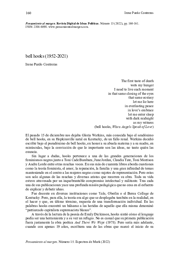 (PDF) bell hooks (19522021) Irene Pardo Contreras Academia.edu