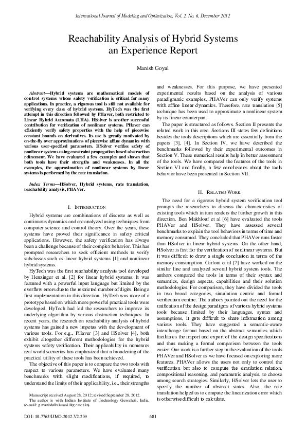 (PDF) Reachability Analysis of Hybrid Systemsan Experience Report
