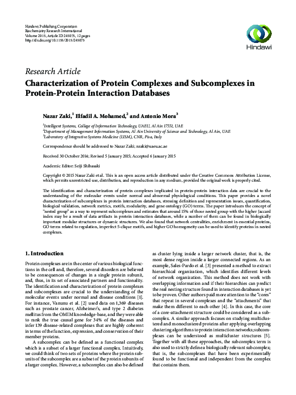 (PDF) Characterization of Protein Complexes and Subcomplexes in Protein ...