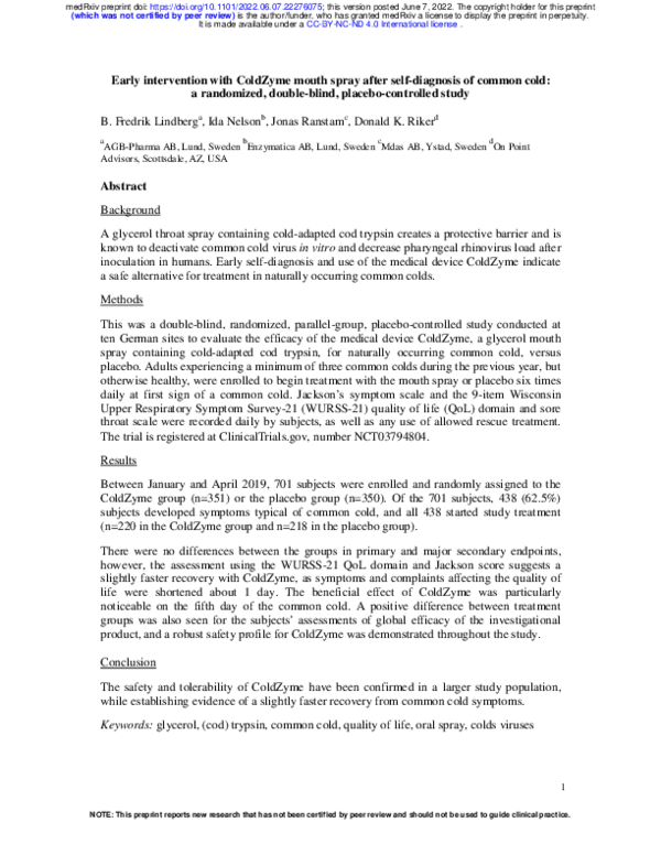 (PDF) Early intervention with ColdZyme mouth spray after self-diagnosis ...