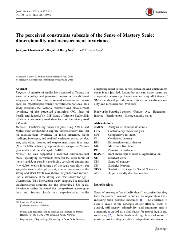 (PDF) The perceived constraints subscale of the Sense of Mastery Scale ...