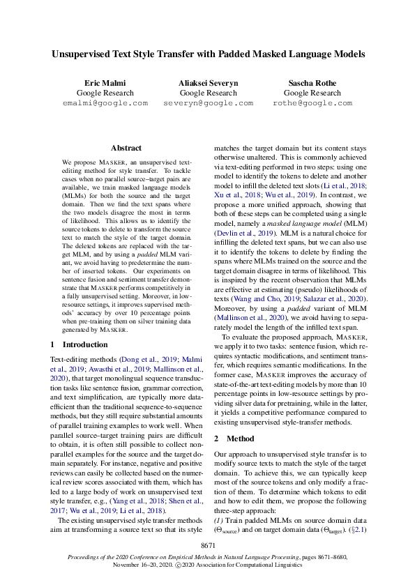 (PDF) Unsupervised Text Style Transfer with Padded Masked Language Models