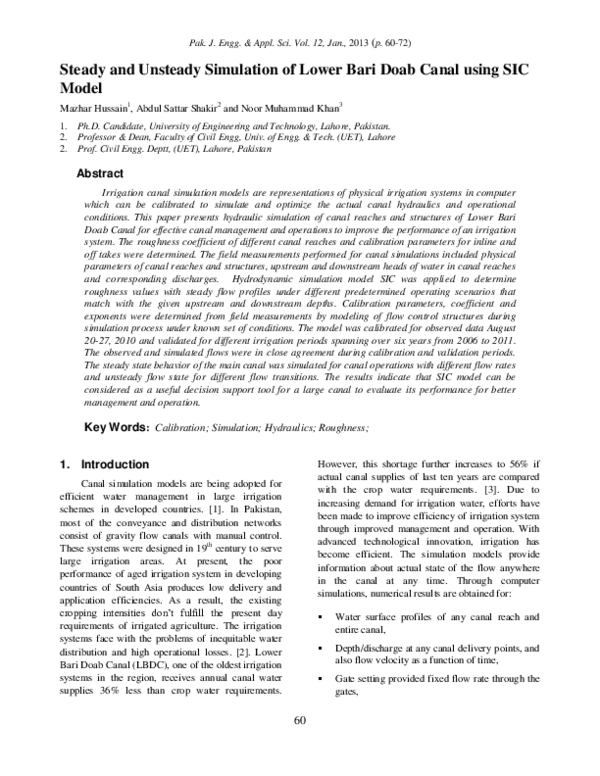 (PDF) Steady and Unsteady Simulation of Lower Bari Doab Canal using SIC ...
