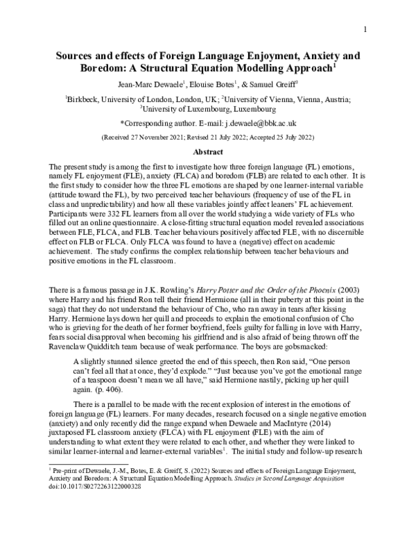 (DOC) Sources and effects of Foreign Language Enjoyment, Anxiety and ...