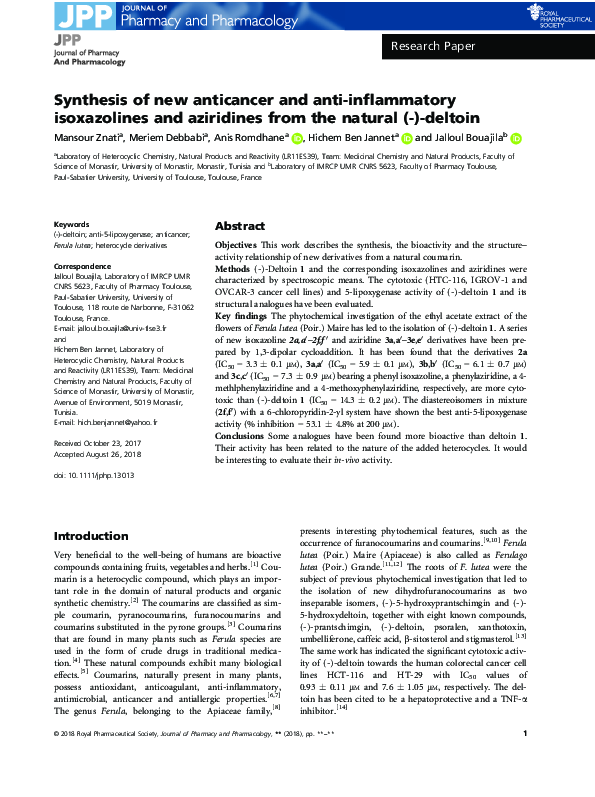 (PDF) Synthesis of new anticancer and anti-inflammatory isoxazolines ...