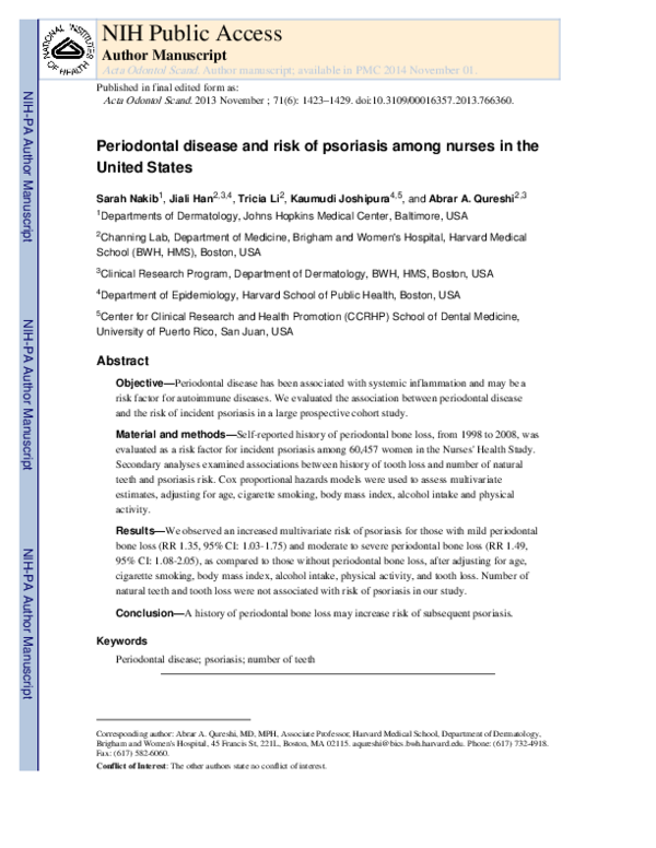 (PDF) Periodontal disease and risk of psoriasis among nurses in the ...