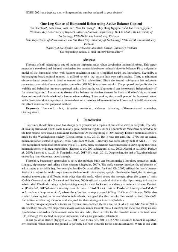 (PDF) One-Leg Stance of Humanoid Robot using Active Balance Control