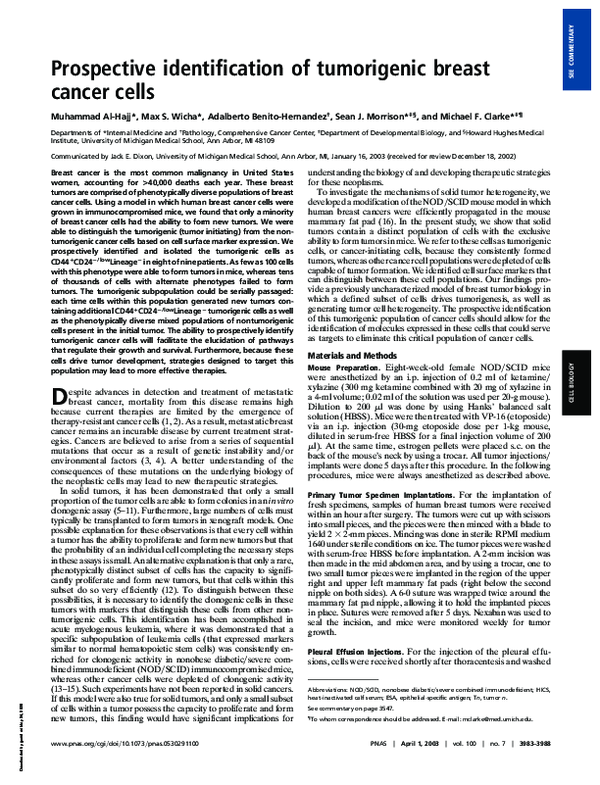 (PDF) Prospective identification of tumorigenic breast cancer cells